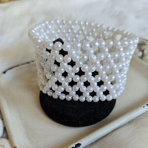 B-032-Wide Faux Pearl Stretch Beaded Bracelet